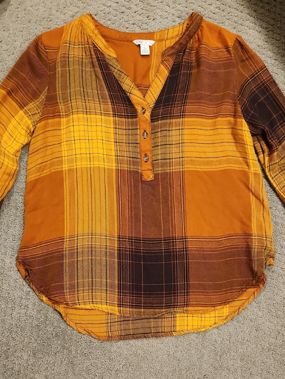 NEW Cato Mustard and Brown Plaid Henley Tunic. 1990s Style